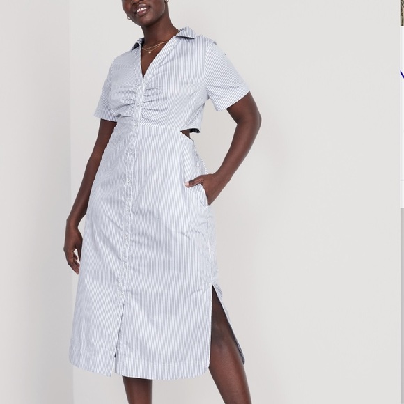 Old Navy Dresses & Skirts - Old Navy Blue and White Striped Midi Shirt Dress with Side Cutout